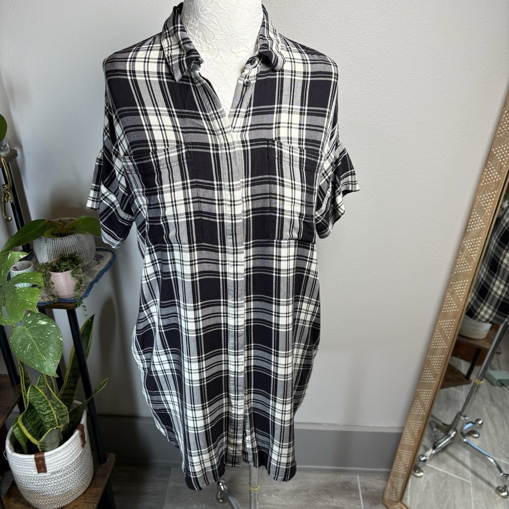 Madewell Women M Black Plaid Tunic Shirt Grunge Aesthetic Rayon Pockets